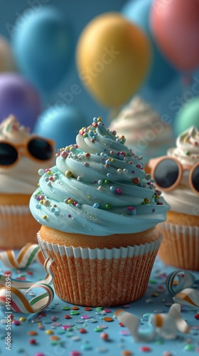 Colorful Cupcakes With Blue Frosting and Sprinkles at a Festive Celebration