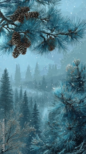 Snowflakes Fall Gently Among Evergreen Trees in a Tranquil Winter Landscape