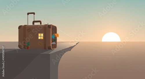 Travel-themed Cartoon Suitcase Sitting on Cliff Edge During Sunset Scene