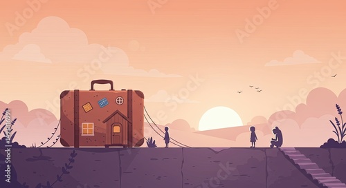 Serene Sunset Scene of a House with People Engaged in Outdoor Activities at Dusk