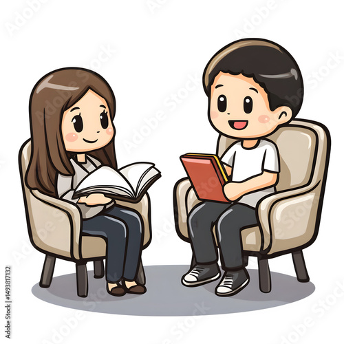 A chibi therapist chair and a smiling notebook talking, mental health therapy session, isolated on transparent background
