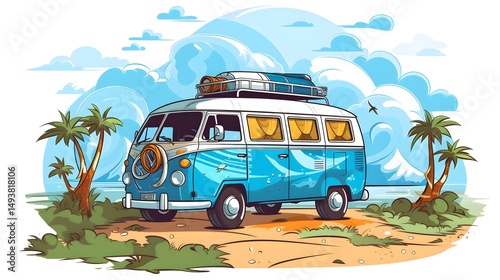 Explore the World: Time to Travel with Van Tourism Cartoon Vector Illustration
