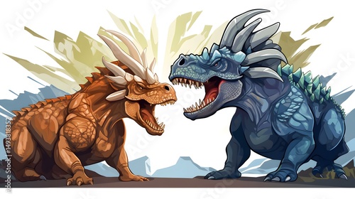 Illustration of Triceratops battling T-Rex in an intense cartoon showdown