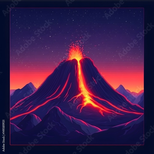 Detailed vector illustration of an erupting volcano spewing lava with a dramatic sky backdrop