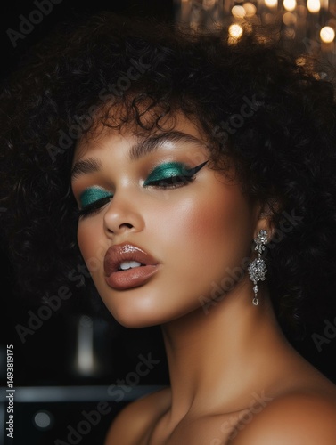 Close-up portrait of a young woman with curly black hair. she is wearing a pair of statement earrings with dangling crystals.