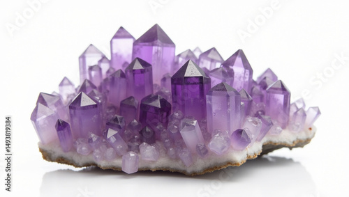 Violet-purple amethyst crystal cluster with transparent edges, natural light, on white background
