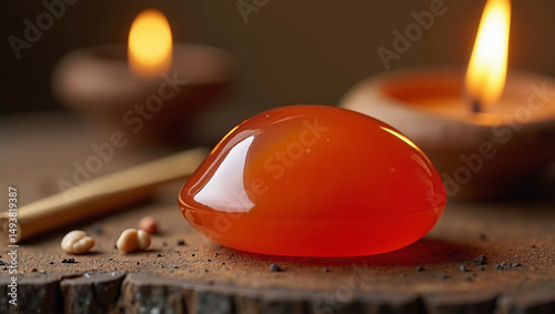 Warm orange-red carnelian stone, polished and shiny, placed beside incense
