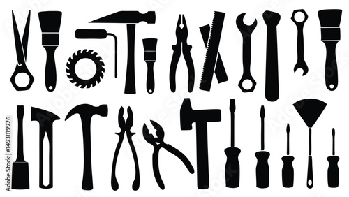 Labor Day Various hand tools vector silhouette icon set