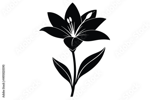 Elegant Black Silhouette Illustration of a Lily Flower with Stem and Leaves