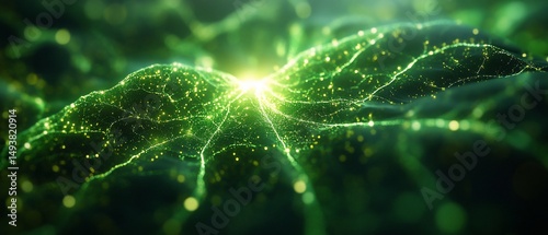 Abstract green energy network, veins with bright light, glowing particles