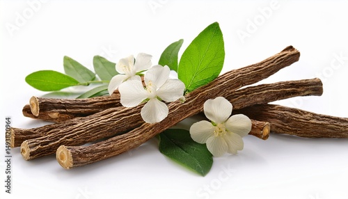 licorice dry roots with flowers on white background