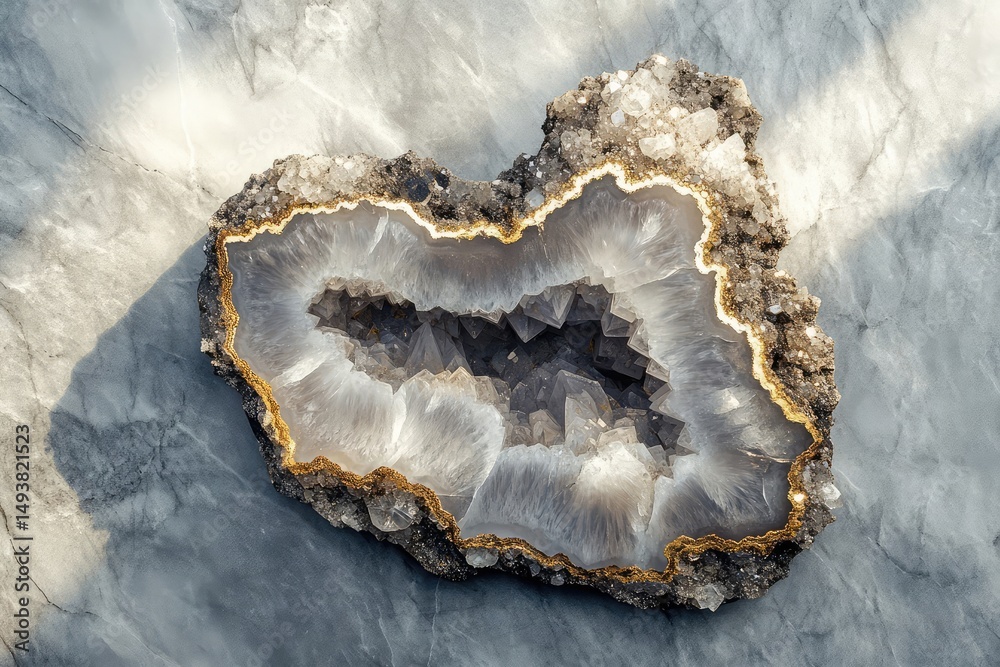 Obraz premium A stunning geode with a heart-shaped cavity filled with sparkling crystals rests on a marble surface.