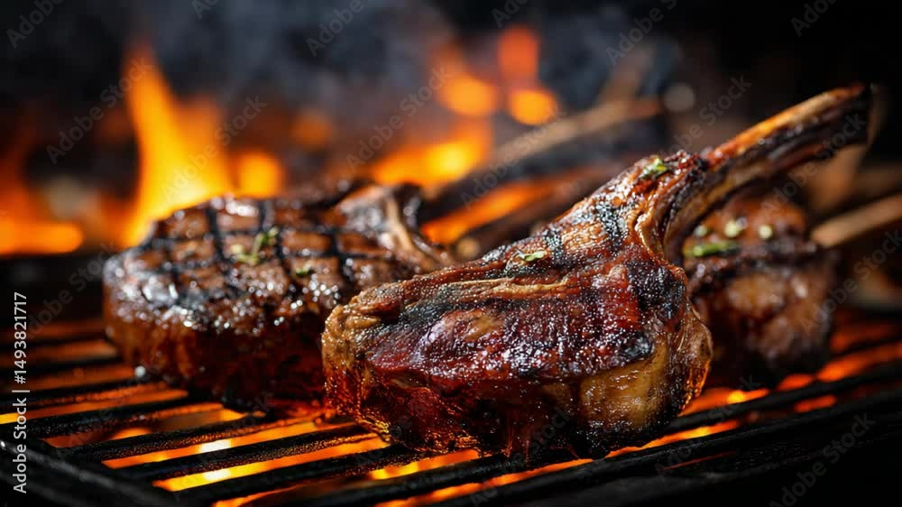 Ribeye Steak on fire grill rack with grill marks 