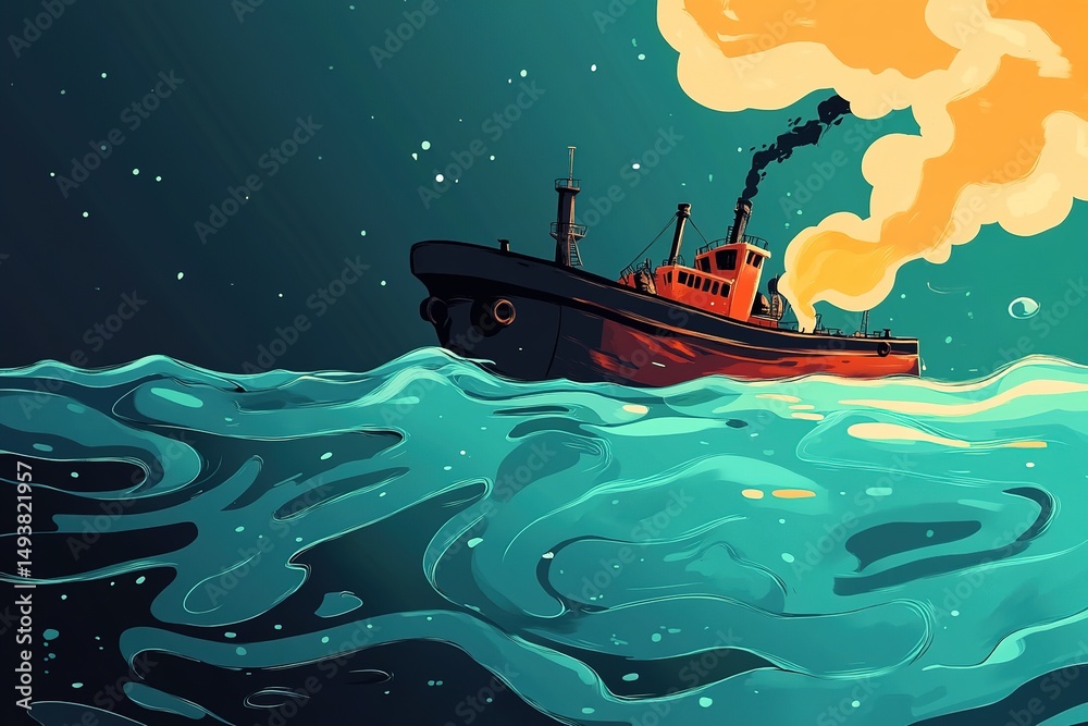 Naklejka premium Cartoon scene of ship spilling dark oil into ocean, surrounded by dramatic waves. Perfect for educational posters, articles and eco campaigns about water pollution