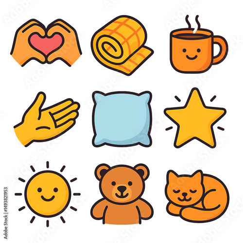 Cozy and comfort flat icons set. relaxation and warmth symbols