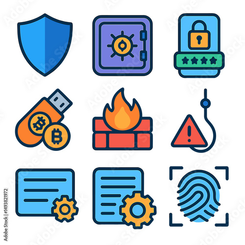 Cybersecurity flat icons set. digital protection and online security symbols