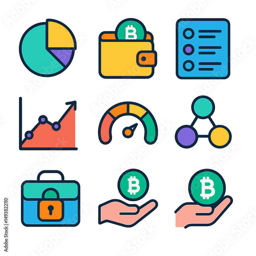 Finance and cryptocurrency flat icons set. money and investment symbols