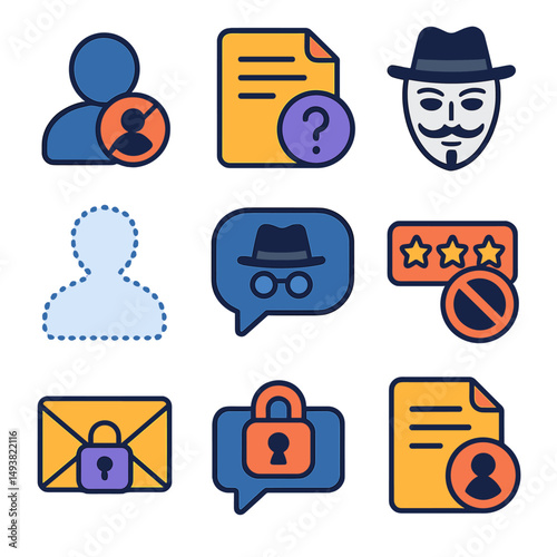 Privacy and security flat icons set. digital protection and data safety symbols