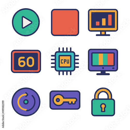 Tech and gadget flat icons set. digital and device interface symbols