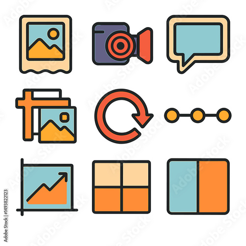 Multimedia and social media flat icons set. communication and digital network symbols