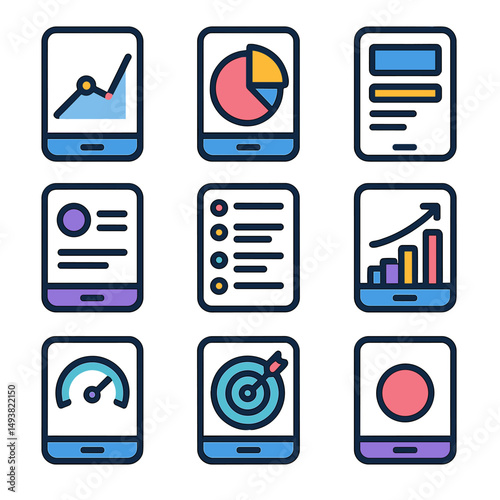 Business analytics flat icons set. data visualizations and dashboard tools