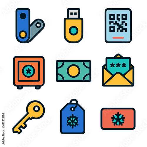 Security and privacy flat icons set. protection and safety symbols