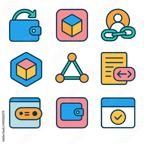 Blockchain and crypto flat icons set. digital currency and finance symbols