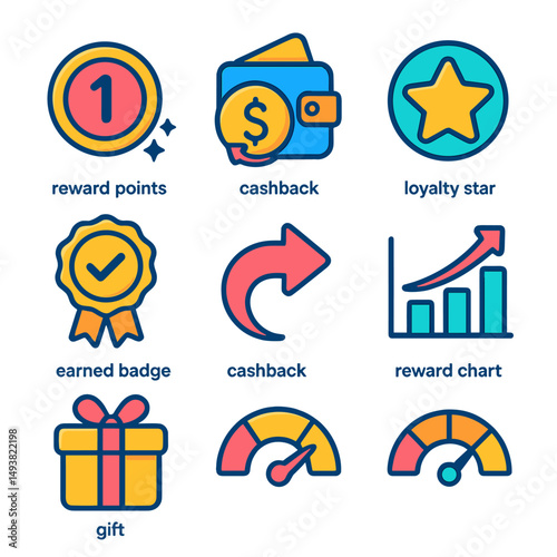 Shopping rewards flat icons set. loyalty, cashback, and earned badge graphics