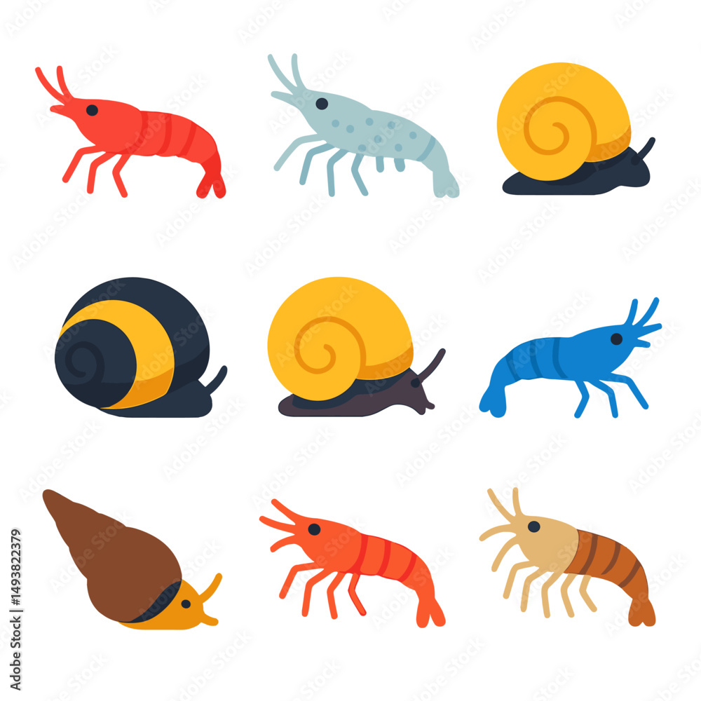 Fototapeta premium Aquatic creatures flat icons set. marine life and sea animals collection