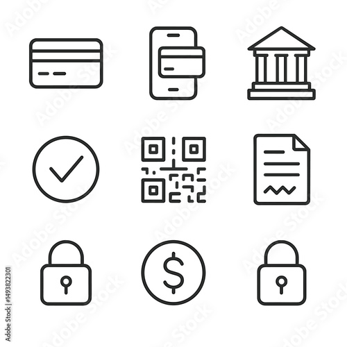 Business and finance linear icons set: money, banking, commerce symbols