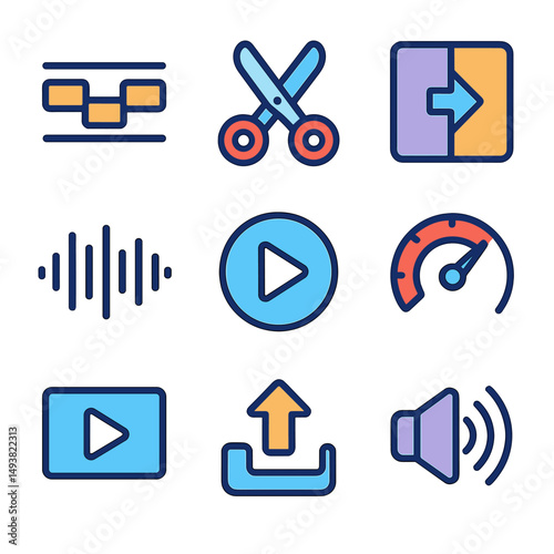 Multimedia flat icons set. digital media, entertainment, and communication symbols