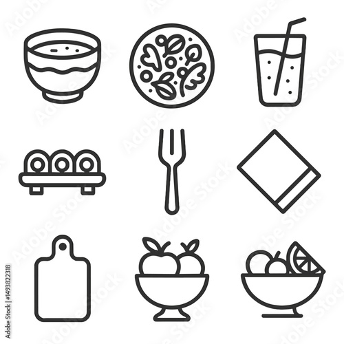 Food and dining silhouette icons set. culinary, meal, and kitchen symbols