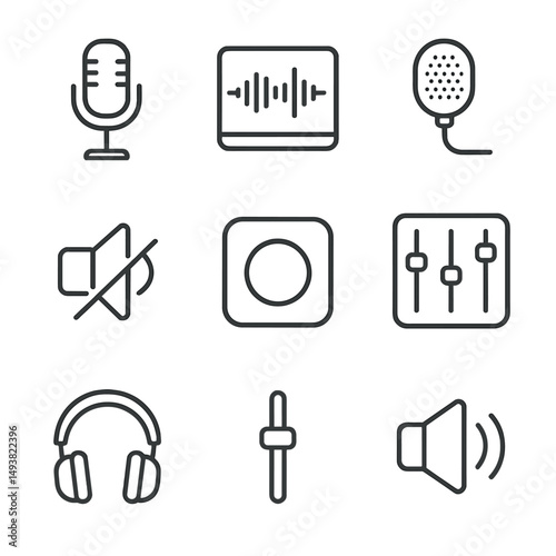 Audio and music linear icons set. sound and recording equipment symbols