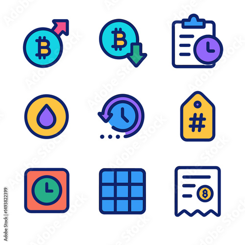 Cryptocurrency and finance flat icons set. bitcoin and market symbols collection