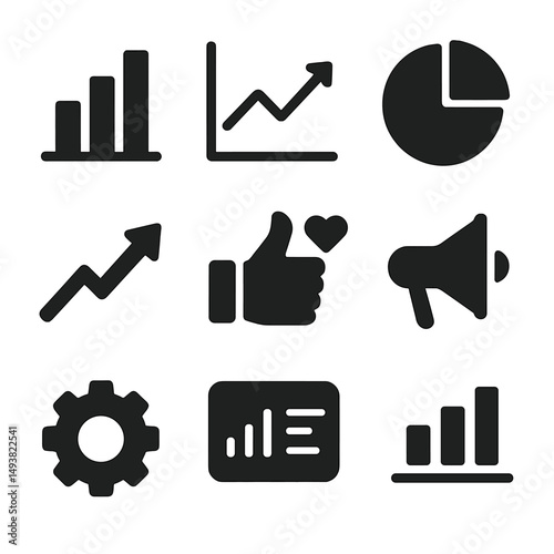 Business performance silhouette icons set. analytics and marketing symbols collection
