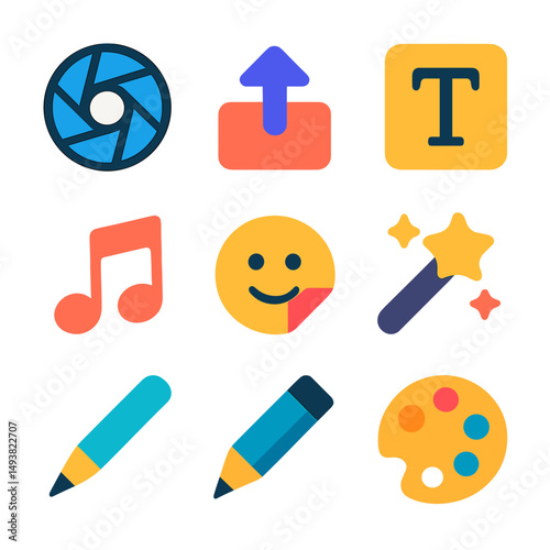Creative design flat icons set. art, media, and multimedia symbols for inspiration