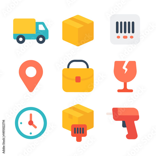 Delivery and logistics flat icons set. shipping, transport, and supply chain visuals