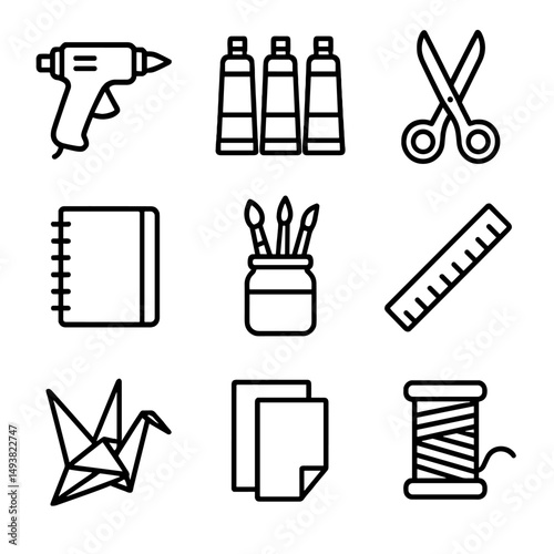 Craft tools linear icons set. art, diy, and hobby symbols