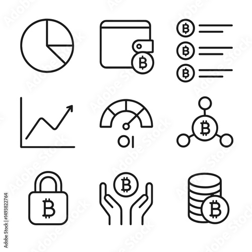 Cryptocurrency finance linear icons set. blockchain and digital currency symbols