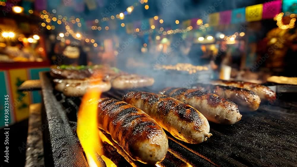 close up grilled sausage on barbecue rack with grill marks , street food at night market 