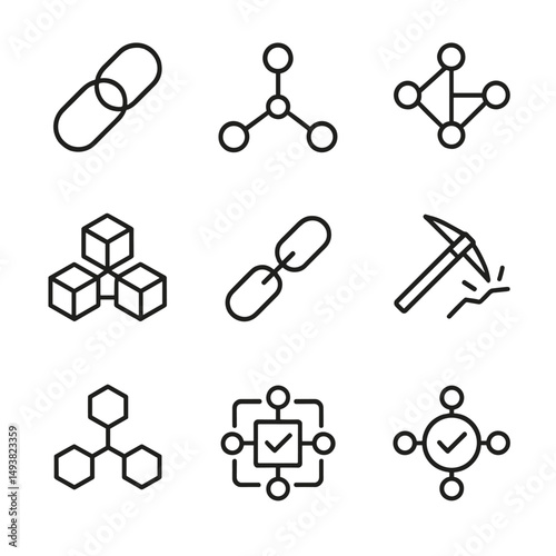 Blockchain technology linear icons set. cryptocurrency and network symbols