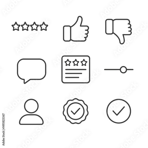 Review and feedback linear icons set. comment and rating symbols for evaluation