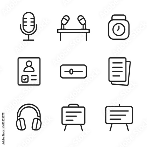 Podcast and music linear icons set. broadcasting and audio recording symbols