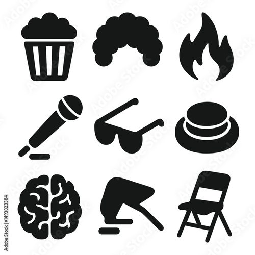 Theater and entertainment silhouette icons set. performance and showtime symbols