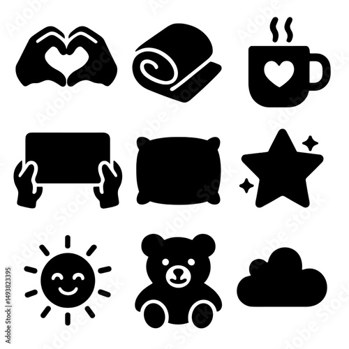 Cozy comfort silhouette icons set. warmth and relaxation design elements