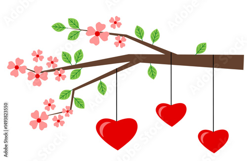 The hearts hang on the branch with spring flowers. Greeting Card