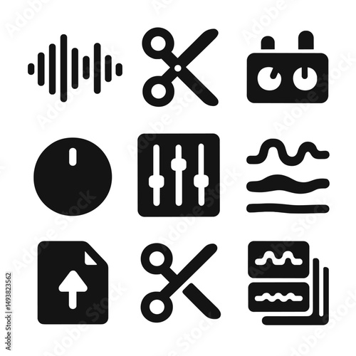 Music and audio silhouette icons set. sound and recording symbols collection