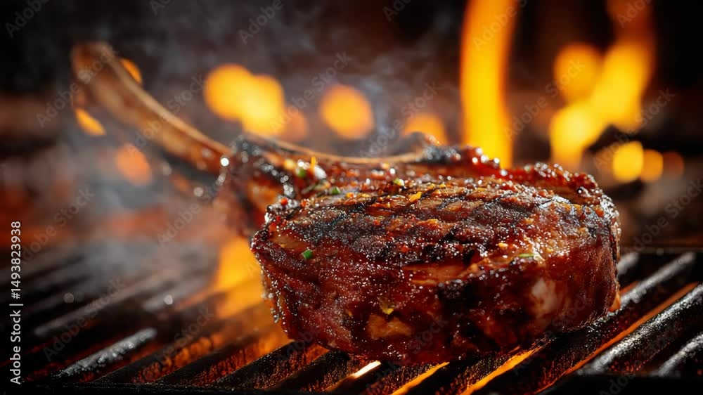 Ribeye Steak on fire grill rack with grill marks 