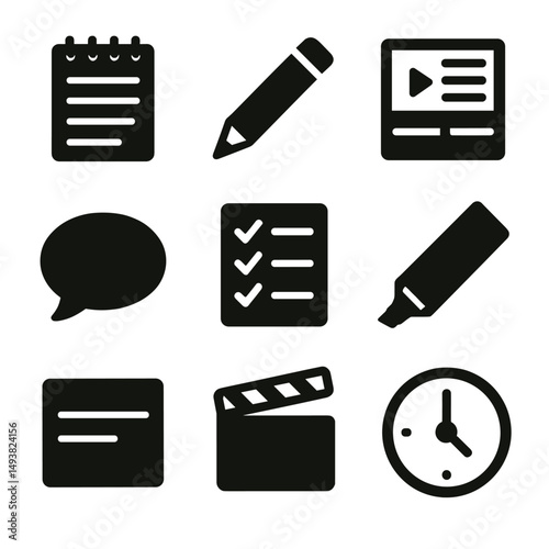 Office and productivity silhouette icons set. work and task management symbols