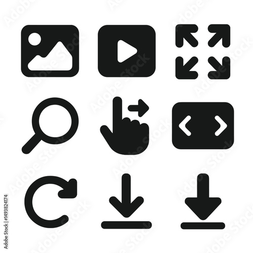 Media interface silhouette icons set. digital, multimedia, and navigation symbols